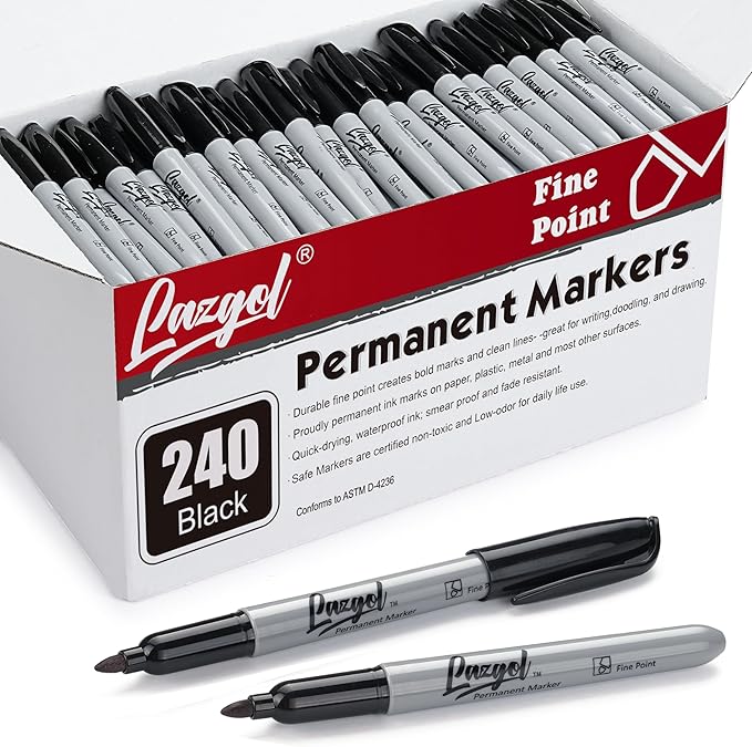 LAZGOL Permanent Markers Bulk, 240 Pack Fine Tip Black Permanent Markers, Waterproof Markers, Premium Smear Proof Pens, Quick Drying, Office Supplies for School, Office, Home
