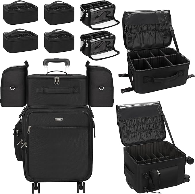Relavel Rolling Makeup Case Professional Makeup Train Case,Makeup Artist Travel Bag with Wheels,8-in-1 Portable Travel Beauty Trolley Case for Cosmetology Storage(Black)