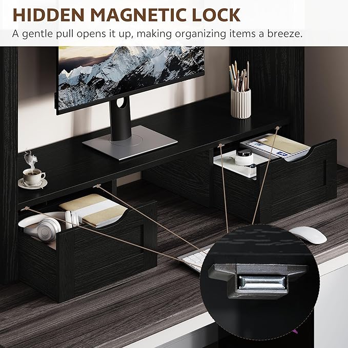 Desktop Bookshelf with Computer Monitor Stand, 37.4''W Desk Shelf Display Rack, Desktop Organizer Storage Rack with 4 Cubbies and 2 Drawers, 5-Tier Desk Hutch for Home, Office, Dorm, Vanity