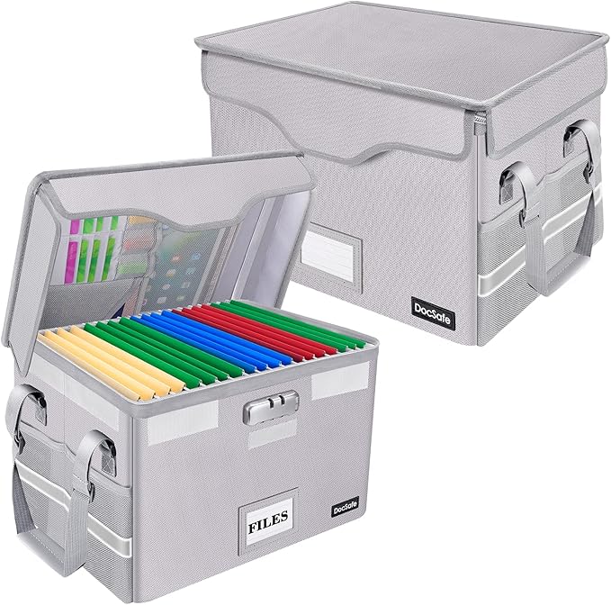 DocSafe Fireproof Document Box with Lock,File Storage Organizer with Pockets,Collapsible Portable File Box Home Office Safe Filing Cabinet with Handle for Hanging Letter/Legal Folders,Silver,2 Pack