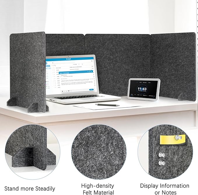 AMUSIGHT 4 Pack Acoustic Desk Dividers - 24" x 20" Freestanding Privacy Panels Set with Noise - Reducing Design Cubicle Sound Proof, Ideal for Office, Classroom, and Home (Dark Gray)