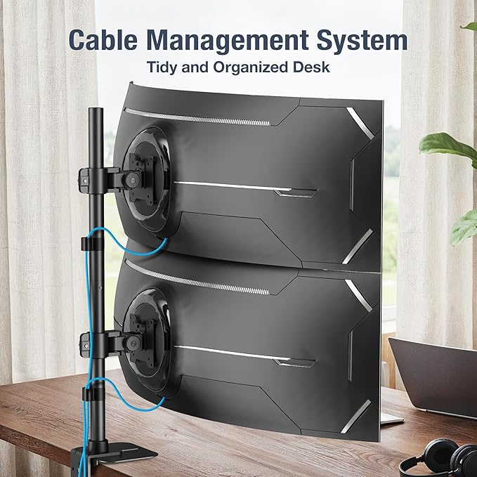 AVLT Dual 49 Inch Stacking Monitor Pole Mount - Stack 44 lbs Super Ultrawide Screens on Heavy-Duty Pole, Height Tilt Swivel Rotate Adjustment, C-clamp and Grommet Mounting Base, VESA Compatible