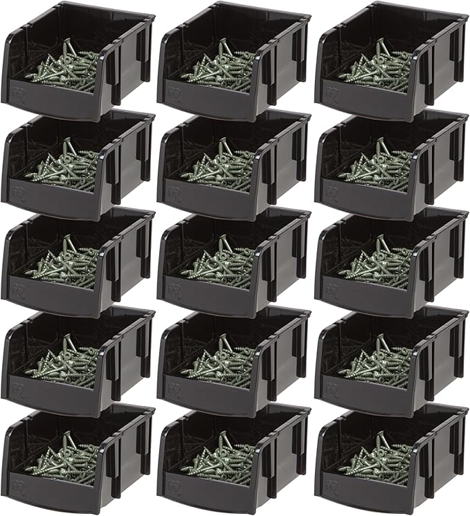 IRIS USA Extra Small Stackable Storage Bins, 15-Pack, 5.5 x 4.5 x 3 inch, |Made in USA|, Plastic Open Front Shelf Bin for Organizing Parts, Hardware, Tools, Supplies, Garage Shelf, Pantry - Black