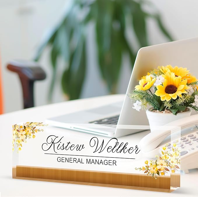 Custom Desk Name Plate Personalized, Acrylic Name Plates for Desk, Office Decor Personalized Gifts for Teacher Coworkers Boss Nurse (Golden Autumn)