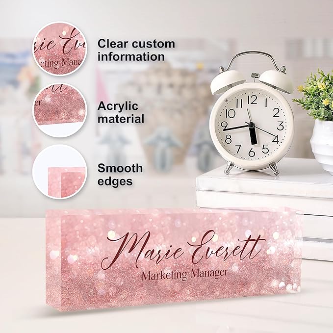 Custom Name Plate for Desk | Personalized Desk Name Plate | Personalized Boss Employee Teacher Appreciation Gifts | Acrylic Name Plate Office Desk Accessories (A-Pink Quartz)