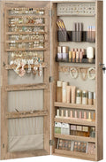 SONGMICS Mirror Jewelry Cabinet Armoire, Wall or Door Mounted Jewelry Storage Organizer, Hanging Lockable Frameless Mirror Cabinet with 2 Cosmetic Organizers, Gift Idea, Toasted Oak Color UJJC001N01