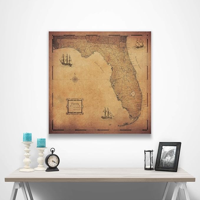 Conquest Maps Push Pin Florida Map Board - With Push Pins to Mark Florida Travel - Handmade in Ohio, USA - Design: Golden Aged