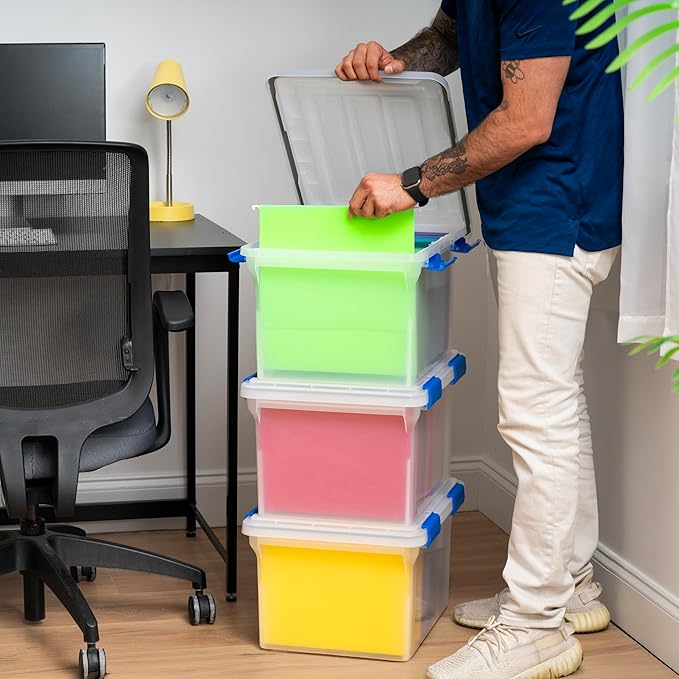 IRIS USA File Box, WeatherPro File Organizer for Letter/Legal File, Water Resistant Document Box, Plastic Gasket File Box With Tight Latch and Seal, Stackable Nestable, Clear/Blue 32 Qt. 3 Pack