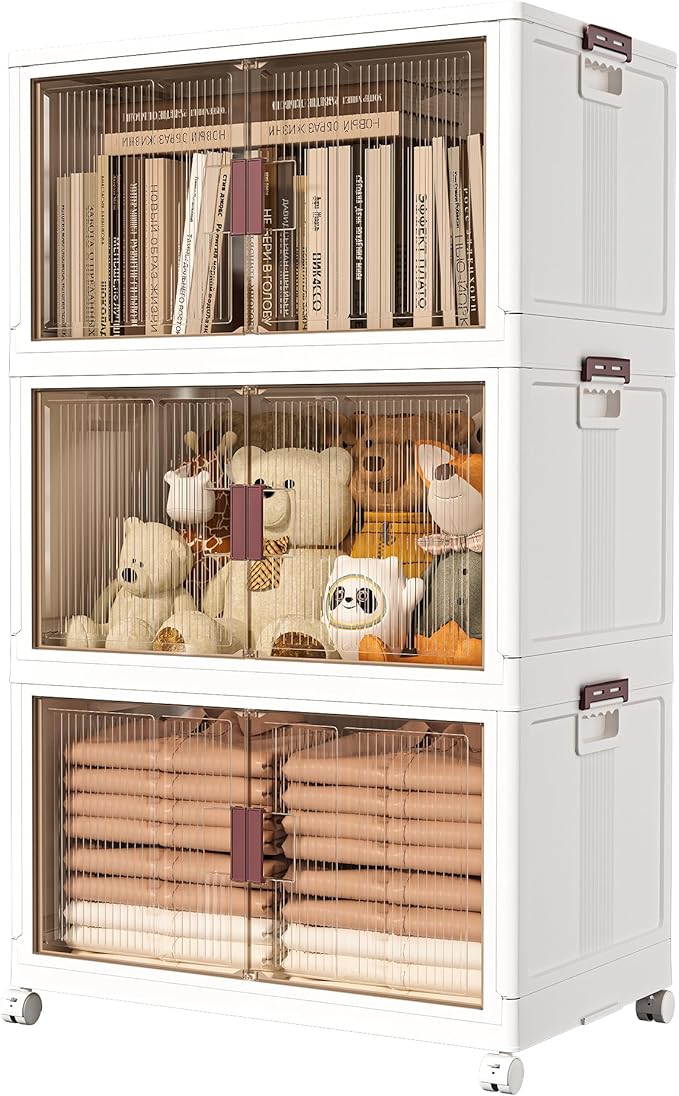 JOYWAVE 3 Tier Storage Bins with Lids,155QT Stackable Closet Organizers,Collapsible Plastic Bins,Storage Drawer,3 Pack Cubes