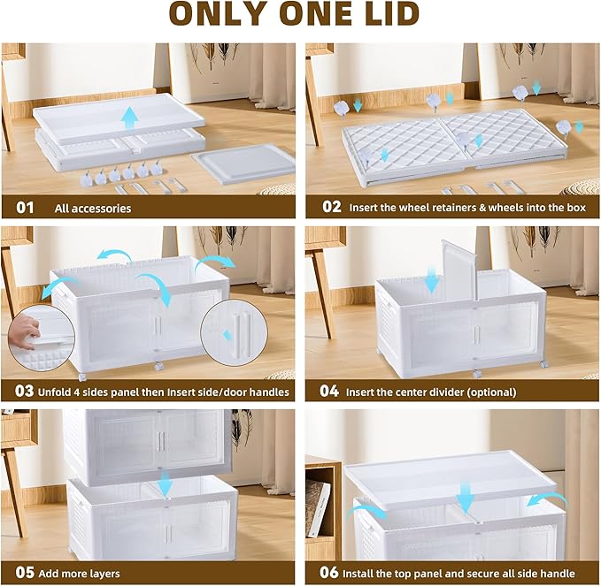 FINCHESCLUB 752QT Extra Large Stackable Storage Bins with Lids, 188Gal Foldable Storage Bins with Doors and Wheels, Collapsible Closet Organizers for Home Office, 4 Pack - White