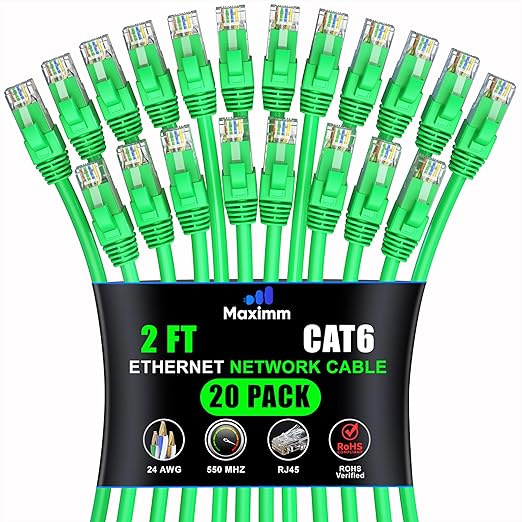 Maximm Cat 6 Ethernet Cable 2 ft (20-Pack) - High-Speed LAN Cable, Internet Cable, Patch Cable, and Network Cable - UTP, 10Gbps, 550MHz Ethernet Cord - Green