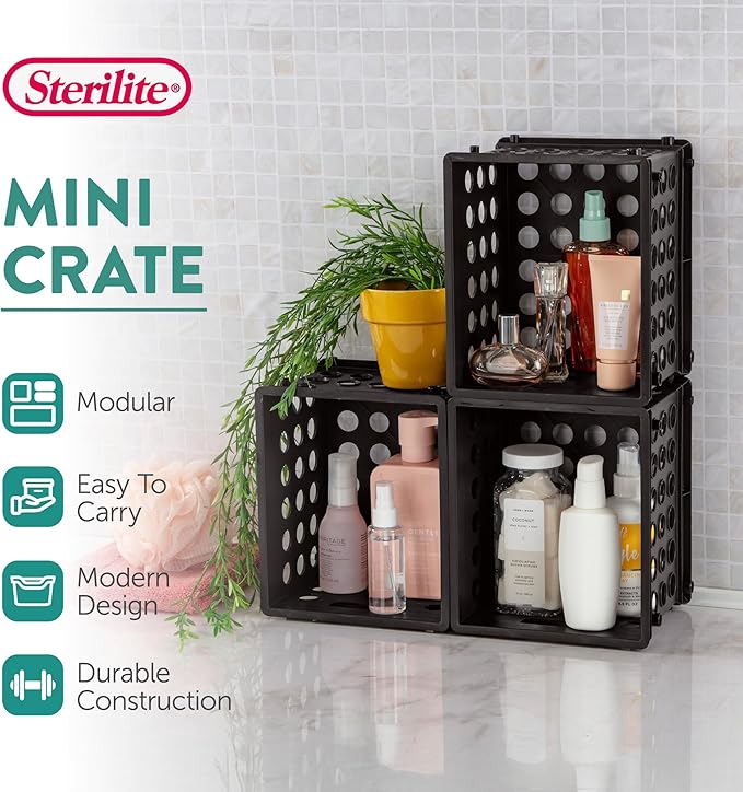 Sterilite Mini Crate, Stackable Plastic Storage Bin with Handles, Organize Home, Garage, Office, School, Dorm Room, Black, 24-Pack