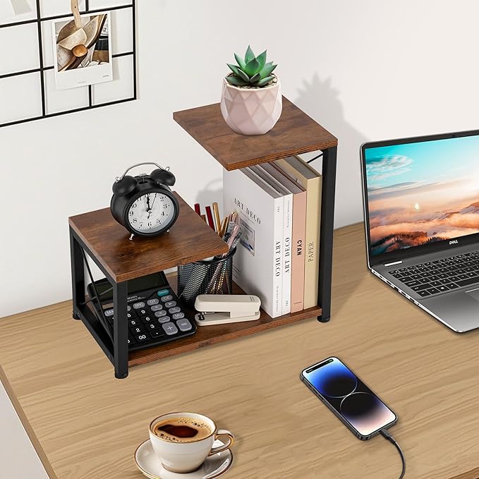 Desk Shelf Organizer, 3 Tier Storage Shelf Riser Display Stand, Wood Desktop Organizer Small Bookshelf, Desktop Shelf for Office Decor and Desk Accessories,Rustic Brown Black