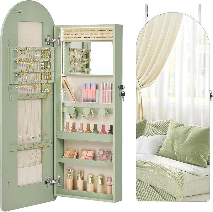 SONGMICS Wide Jewelry Organizer, LED Jewelry Cabinet Wall/Door Mounted, Arched Mirror with Storage, Lockable, Rounded Corner, Interior Mirror, 3.9 x 16.5 x 42.5 Inches, Laurel Green UJJC020C01S