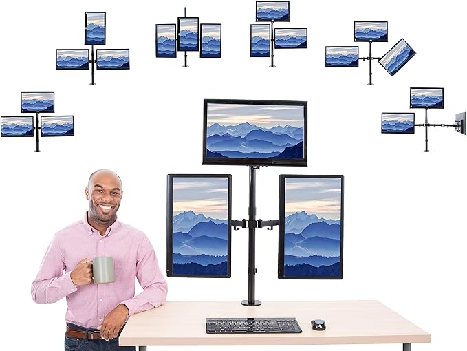 Stand Steady Triple Monitor Desk Stand with Clamp-On Base, for Home or Office Use, Height Adjustable Computer Monitor Stand with Full Articulation Mounts, Fits Most LCD/LED Monitors 13-32 Inches