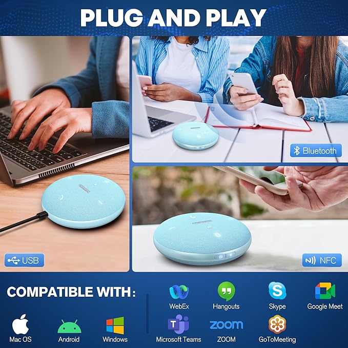 AISPEECH Bluetooth Conference Speakerphone M4 with AI Noise Reduction, AI Summaries, AI Transcription with 60-Language Support, 13FT 360° Voice Pickup,10-Hour Battery Life for Zoom and Teams, Blue