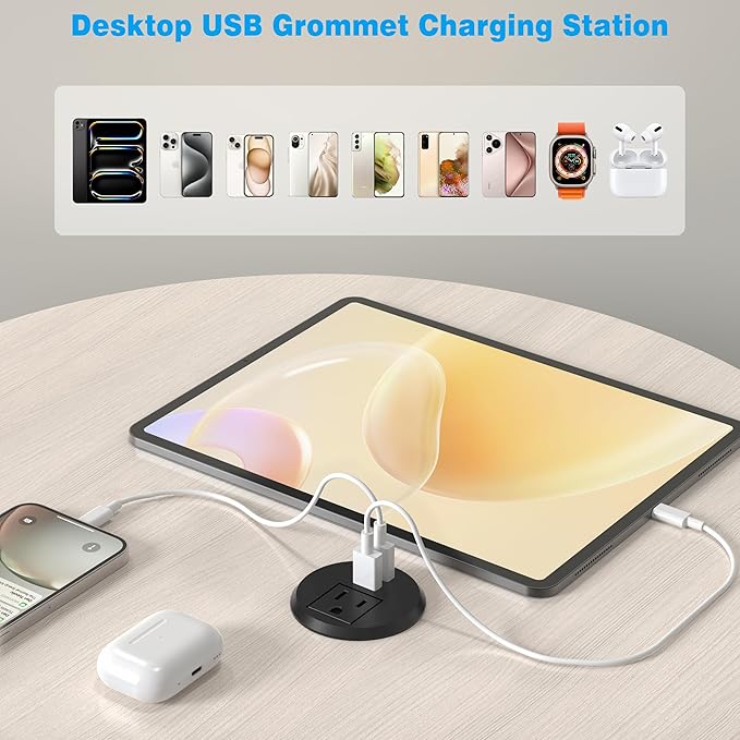 VILONG Desk Power Grommet with 2 USB, Fits 2 inch Grommet Hole, Recessed Power Strip Socket, Plug in 2 Outlet 6 ft Extension Cord (ETL Listed)