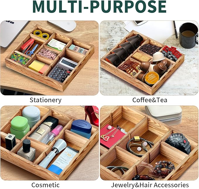 Desk Drawer Organizer Tray with 9 Adjustable Compartments, Wooden Office Desk Accessories Supplies Organization Storage for Desktop Bathroom Vanity Makeup 12" x 9" (Brown)