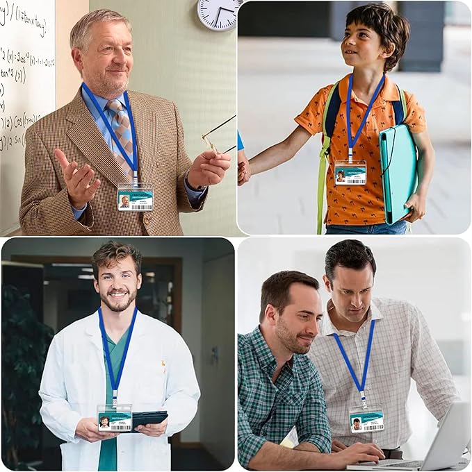 100 Pcs Clear Horizontal Badge Id Card and 100 Pcs Lanyard, Reusable Lanyards for Id Badge Holder Name Tag Badge Holder with Lanyards for Adults Kids Business School Conferences (Blue)