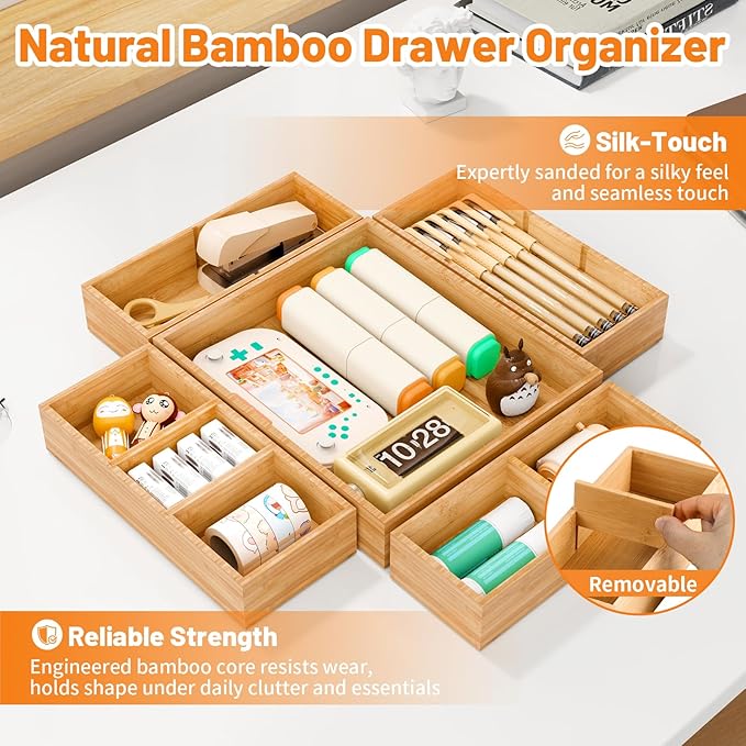 SpaceWhisper Bamboo Drawer Organizer, 5-Piece Drawer Divider with Removable Dividers for Organization and Storage, Multi-Use Stackable Storage Box & Utensil Holder for Kitchen, Office, Makeup & More