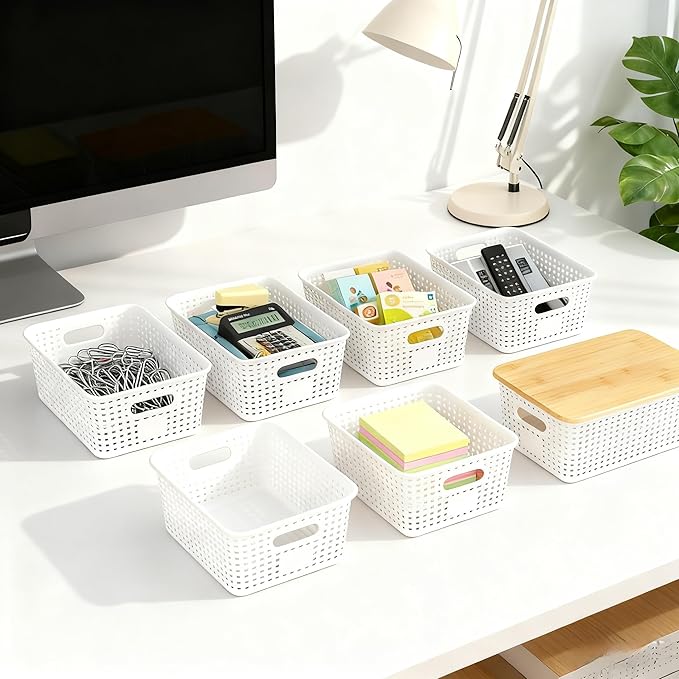 Plastic Storage Bins with Bamboo Lid - Pantry Storage Baskets with Lid - Stackable Container with Lable for Organizing: Small Storage Box for Shelves Office Cabinet Drawer Closet 9x7x4 In - White 6Pcs