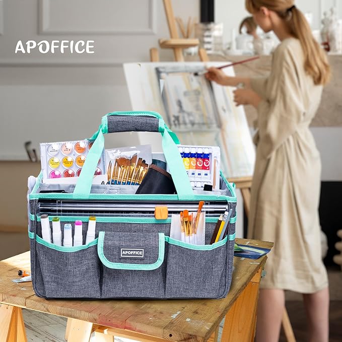 Art Supply Organizer Tote Bag – Craft Caddy with Handle, Utility Storage Tote with Multiple Pockets & Adjustable Divider for Stationary, Sewing, Scrapbooking, School, Office, Medical Supplies