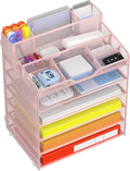Docnest 6 Tier Mesh Desk Organizer for Paper Office Supplies – Multi-Functional Letter Tray with 5 Adjustable Compartments, 3 Pen Holders, Desktop Storage for Files, Mail, Stationery – Pink