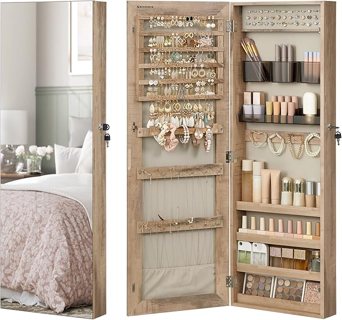 SONGMICS Mirror Jewelry Cabinet Armoire, Wall or Door Mounted Jewelry Storage Organizer, Hanging Lockable Frameless Mirror Cabinet with 2 Cosmetic Organizers, Gift Idea, Toasted Oak Color UJJC001N01