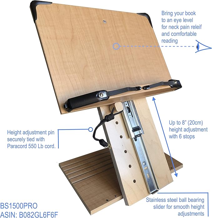 BS1500PRO Large Portable Height Adjustable Foldable Eye-Level Ergonomic Bookstand Holder for Reading Hands Free Large Thick Heavy College Textbooks Tablets Neck Pain Free