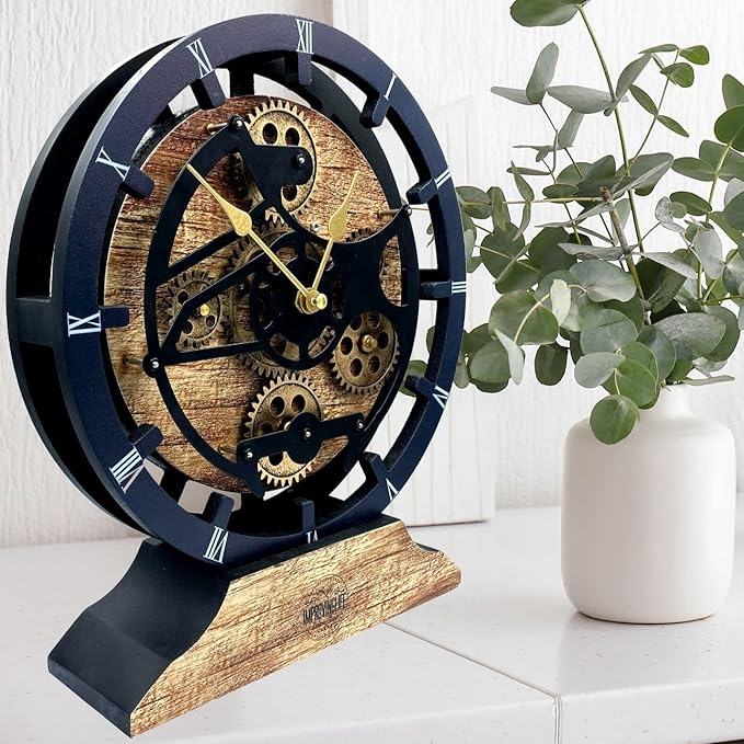 ImprovingLife The Gears Clock Desk Clock 10 inches with Real Moving Gears Convertible into Wall Clock (Vintage Brown)