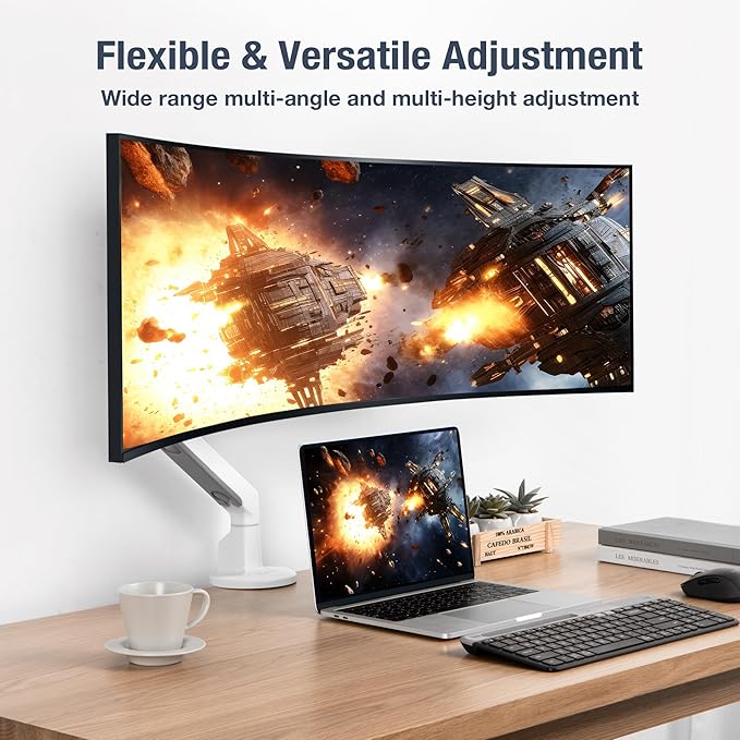 AVLT Single 13"-38" Monitor Arm Desk Mount fits One Flat/Curved/Ultrawide Screen Full Motion Height Swivel Tilt Rotation Adjustable Arm - VESA/C-Clamp/Cable Management - White