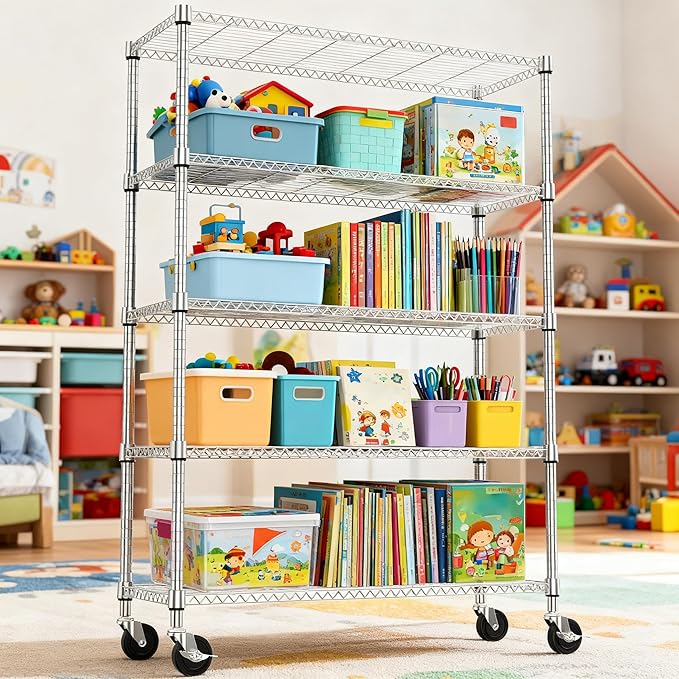 5 Tiers Shelf 1750 lbs Steel Storage Shelving Utility Shelving Unit Steel Organizer Wire Rack for Home,Kitchen,Office,Garage Chrome 17.7" D x 47.2" W x 76.8" H