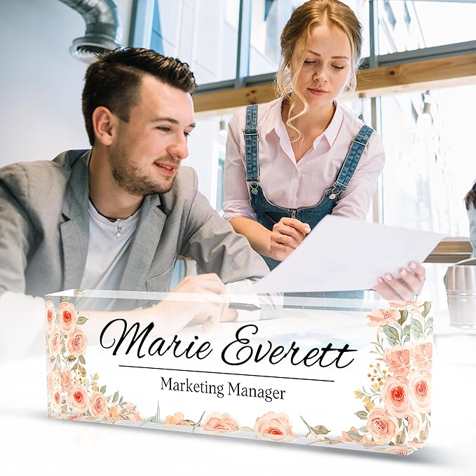 Personalized Name Plate for Desk - Office Gifts for Teacher, Boss, Employee Appreciation - Desk Decor (Blooming)
