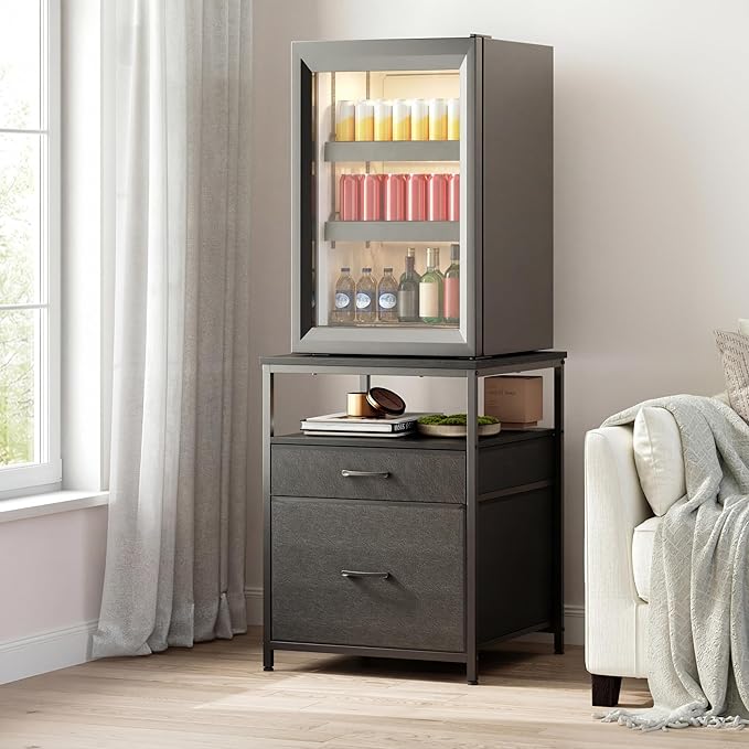 Mini Fridge Stand with 3 Storage, Mini Fridge Cabinet, Beverage Fridge Table, Heavy Duty 21.3" L* 22.7" W Tabletop, for Dorm, Apartment,Office, Bedroom Black HB01BXB