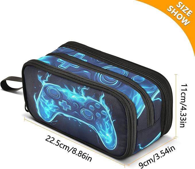 Joystick Gamepad Blue Flame Pencil Case Box Boys Girls Large Pencil Pouch with Zipper Compartments Big Capacity Stationery Pen Bag Organizer for Kids Teens Adults School