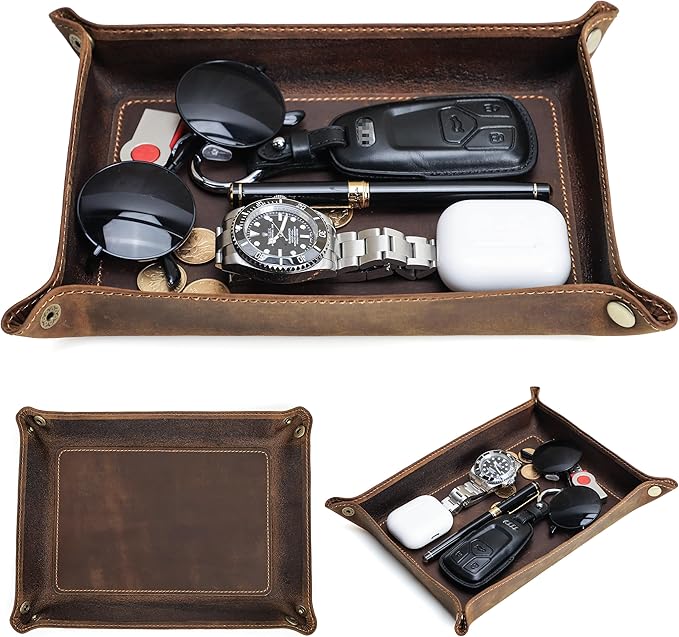 Top Grain Leather Desk Valet Tray Organizer for Man & Woman, Vintage Handmade, Foldable Flat Basket with Snap Buttons, Desk Catchall Holder for Wallet/Watches/Keys/Coins/Office Supplies, Coffee, Large