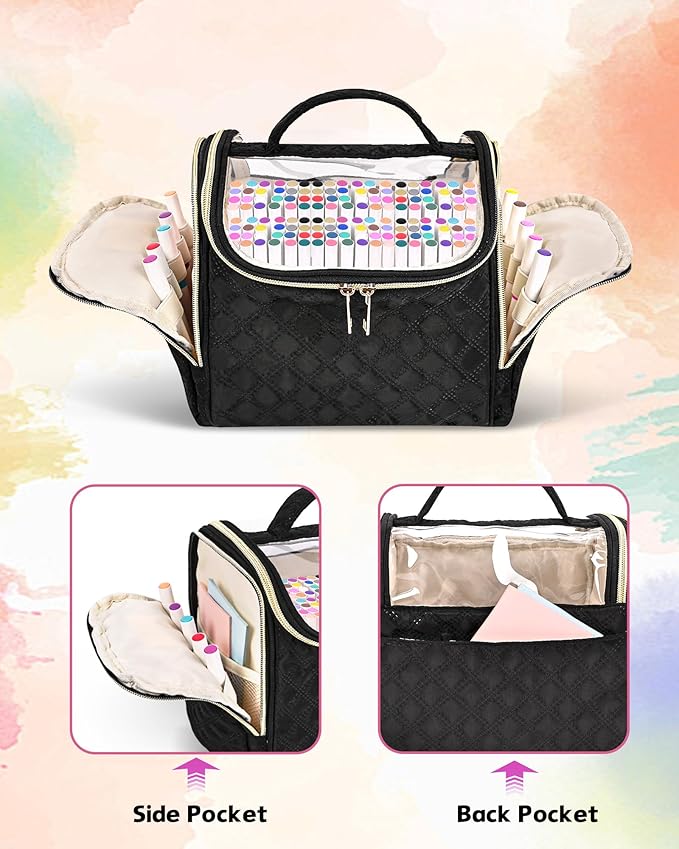 Marker Organizer Case for 72 Markers, Small Marker Storage Bag with Removable Divider & PVC Top, Portable Marker Pen Carrying Case with Handle & Shoulder Strap, Black