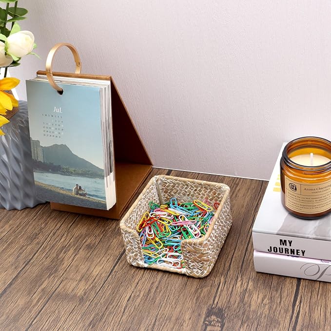 Sticky Note Holder Seagrass Post It Note Dispenser, 3 x 3 Inch Woven Sticky Note Dispenser, Farmhouse Post It Holder for Desk Home Office Decor, Whitewash