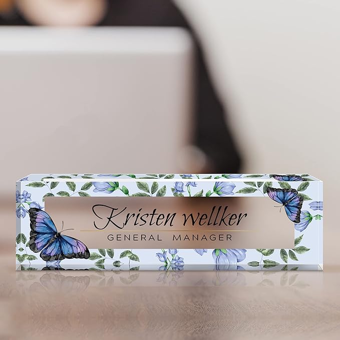 Desk Name Plate Personalized, Premium Purple Blue Butterfly Acrylic Desk Name Plate, Personalized Name Plate for Desk, Office Decor for Women or Men Coworkers, Boss, Employee, Teacher