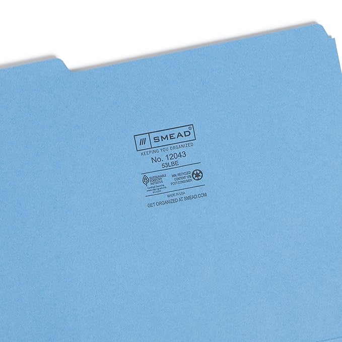 Smead Blue File Folders for Documents, with 1/3-Cut Tabs, Letter Size, Blue, 100 Pack for Easy Organization and Office Use (12043)