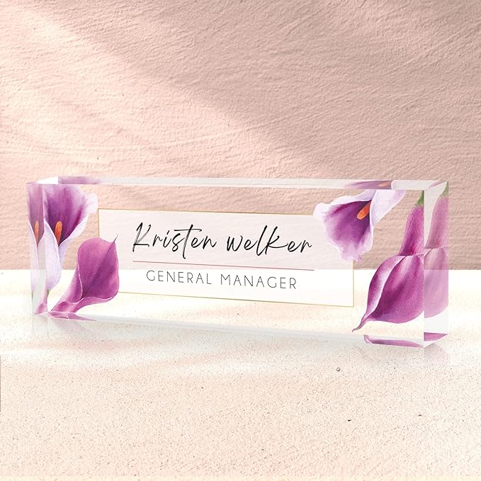 Custom Name Plate for Desk, Desk Name Plate Personalized, Office Decor for Women Men, Acrylic Desktop Accessories, Office Gifts for Coworkers Boss Teacher, Employee Appreciation Gifts (Purple Calla)