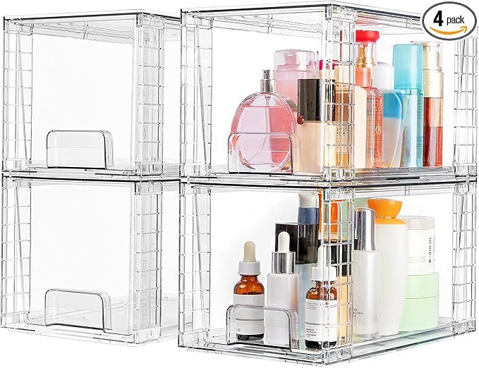 Vtopmart 4 Pack Large Stackable Storage Drawers,Easily Assemble Acrylic Bathroom Closet Undersink Organizers and Storage,Plastic Bins for Kitchen Cabinets,Pantry,Makeup,Medicine Organization