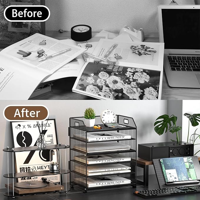 6-Tier Metal Paper Organizer, Black Letter Tray for Desk Office Supplies, Desktop File Folder Organizer Stand for Home, Office & Classroom Storage
