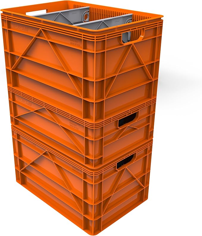 SIDIO Crate Basic Pack - 2 Full-Size & 1 Half-Size Heavy Duty Stackable Storage Bins, Totes and Containers with Dividers - Durable Plastic Organizer for Home, Office, Garage, and Outdoor Use, Orange