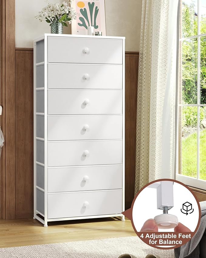 Crestlive Products Tall Dresser, 7-Drawer Wide Fabirc Storage Tower, Chests of Drawers - Vertical Organizer Unit for Bedroom, Hallway, Entryway, Nursery, Wood Top, Closets with Handles (White)