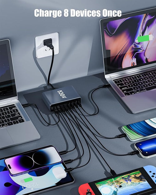 530W USB C Charger Block,8-Port USB C Charging Station GaN IV Travel Essentials Multiple Port Charging Station,100W Laptop Fast Charger Adapter for MacBook Pro/Air,DELL,iPad,iPhone,Samsung Galaxy