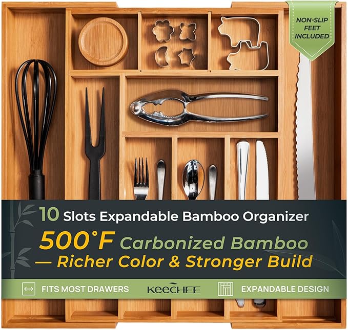 Carbonized Bamboo Kitchen Drawer Organizer, 10 Slots Expandable Silverware Organizer, Utensil Holder & Cutlery Tray, 2.2" Deep for Extra Capacity, Non-Slip Feet Included