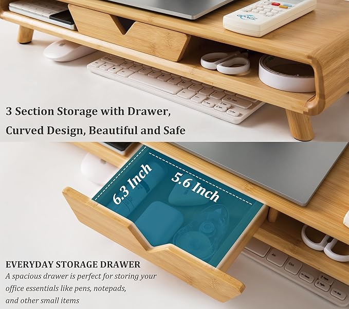 Homerays Bamboo Monitor Stand Riser, No Assembly Required Exquisite Monitor Stand with Drawer Ergonomic Height Wood Monitor Stand