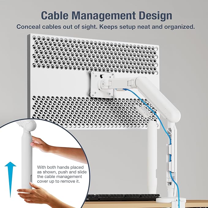 AVLT Single 17"-40" Ultrawide 3-Segment Easel Monitor Arm for Screens Up to 24.3 lbs, Aluminum Designer Stand, Adjustable Pneumatic Height, Full Motion Swivel Tilt Rotation, USB-C USB-A Ports, White