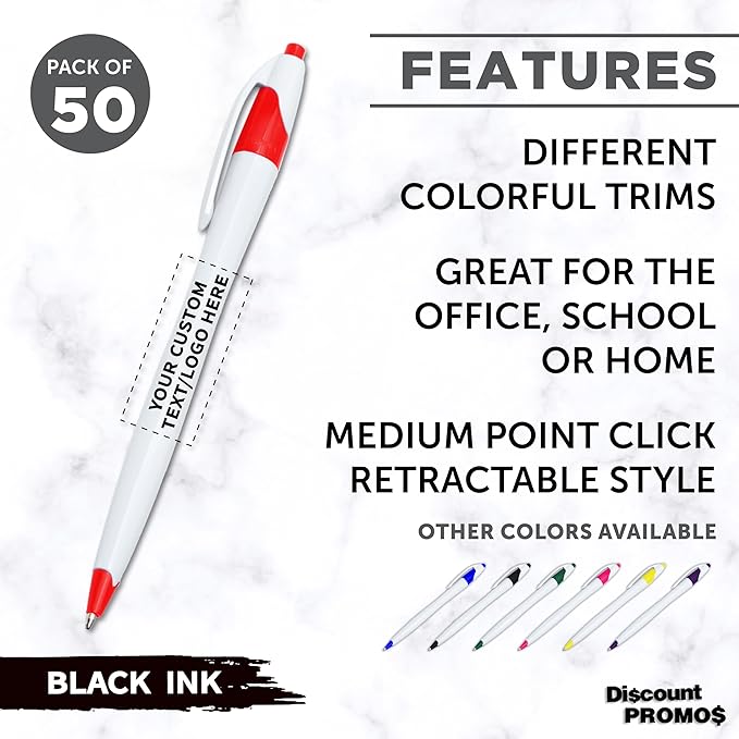 DISCOUNT PROMOS Custom Slim Curvy Ballpoint Pens Set of 50, Personalized Bulk Pack - Black Ink, Retractable, Great for Office, School, Tradeshows - Red